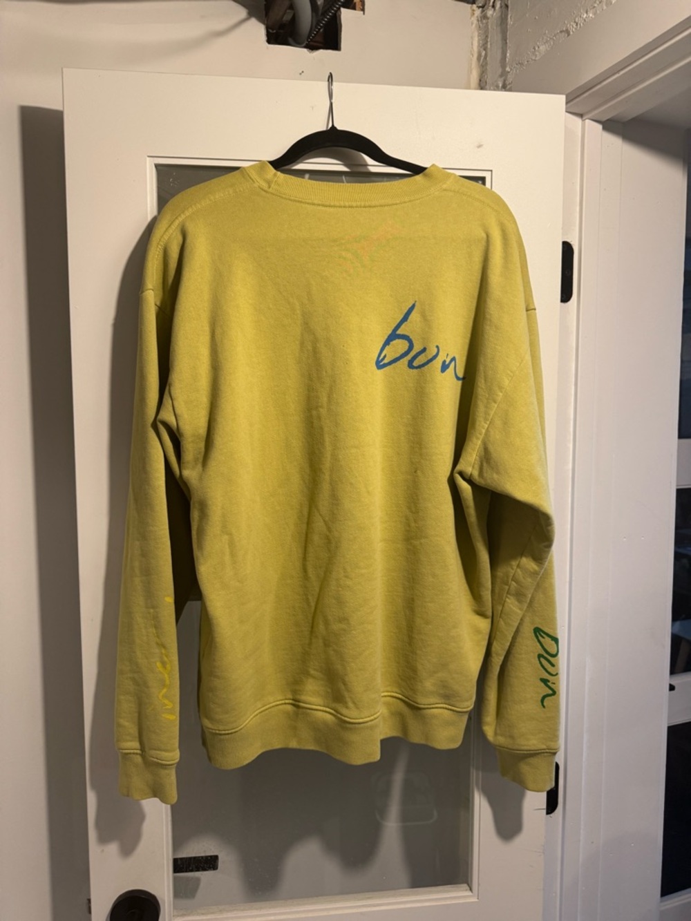 Bon Iver Merch Yellow Green Oversized Crewneck Sweatshirt with Red Script - Picture 2 of 4